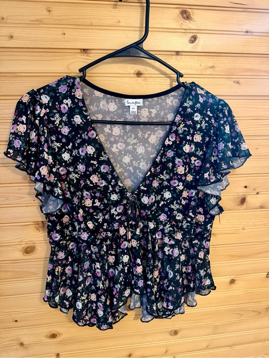love, Fire Tops - love, Fire Black Floral V-Neck Ruffle Peplum Blouse